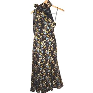 Nicholas Maxi Dress Womens 4 Black Silk Floral One Shoulder Bow High Neck